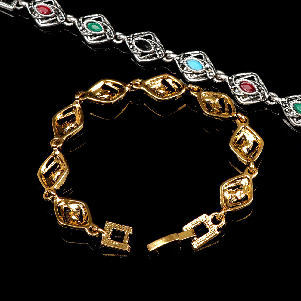 Women's Geometry Pattern Style Mixed Color Inlaid Alloy Bracelet