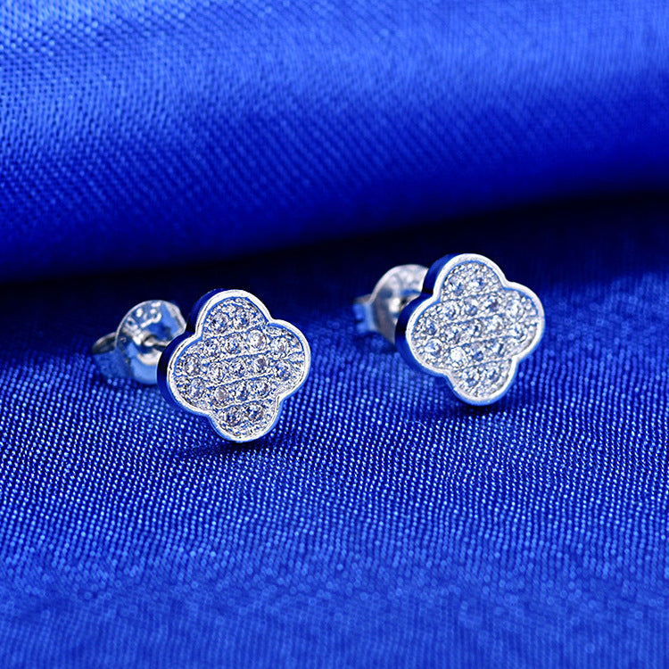 Sier Needle Korean Fashion Clover Flower Stud Earrings