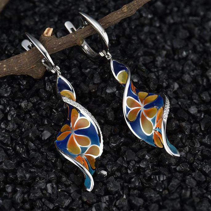 Women's Vintage Spiral Leaf Imitation Enamel Craft Cloisonne Small Flower Earrings
