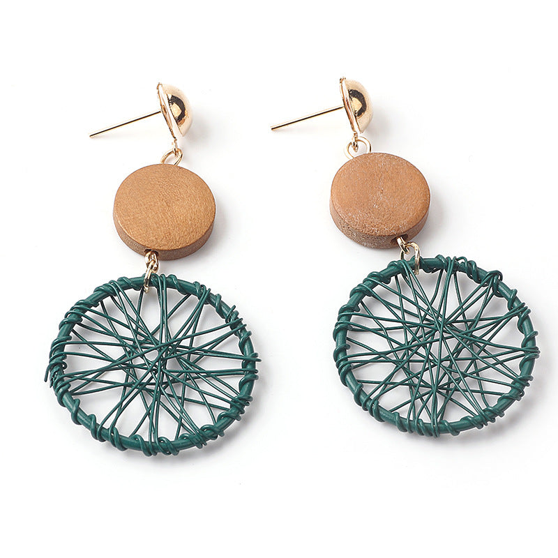 Long Wooden Tassel Retro Creative Hollow Geometric Winding Dream Catcher Earrings