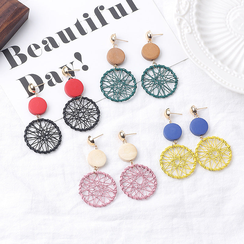 Long Wooden Tassel Retro Creative Hollow Geometric Winding Dream Catcher Earrings