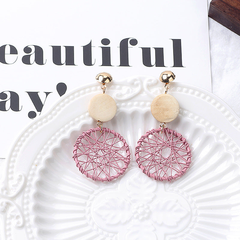 Long Wooden Tassel Retro Creative Hollow Geometric Winding Dream Catcher Earrings