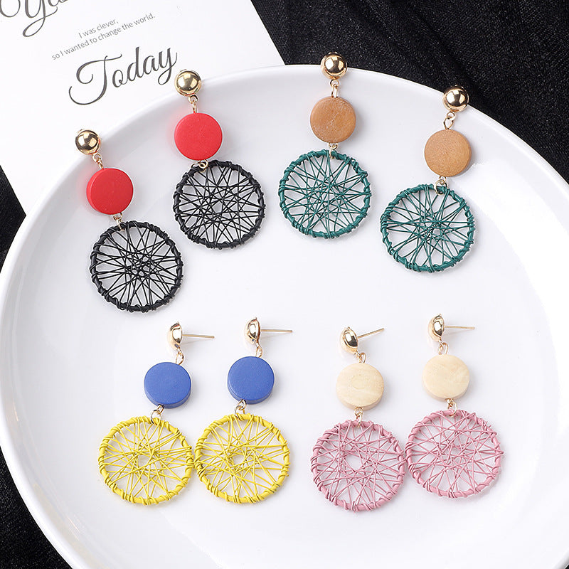 Long Wooden Tassel Retro Creative Hollow Geometric Winding Dream Catcher Earrings