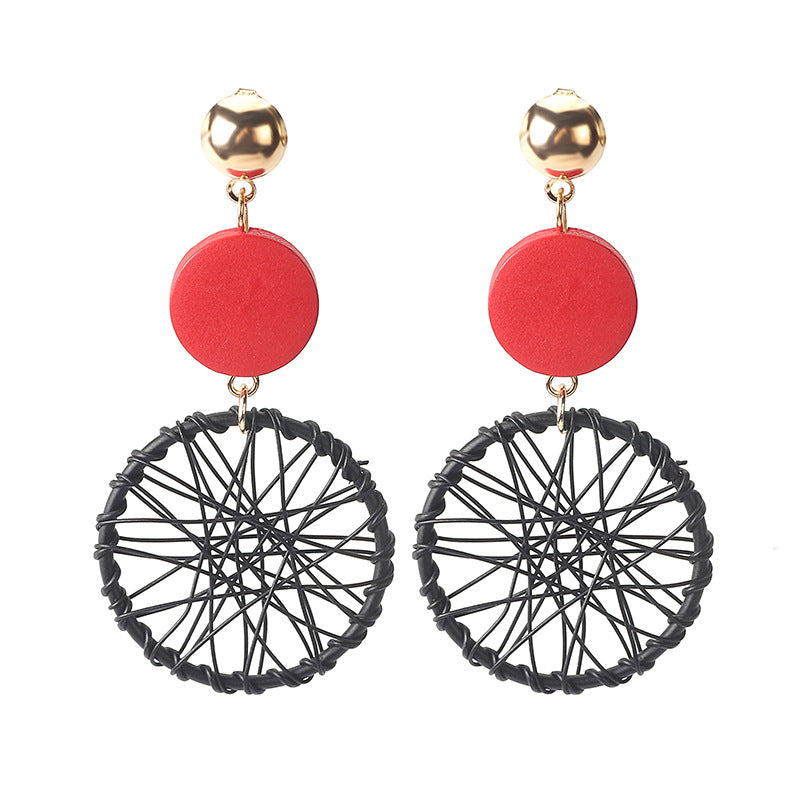 Long Wooden Tassel Retro Creative Hollow Geometric Winding Dream Catcher Earrings