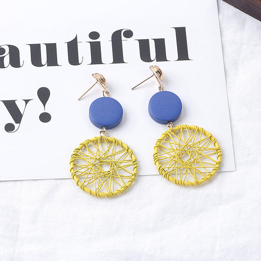 Long Wooden Tassel Retro Creative Hollow Geometric Winding Dream Catcher Earrings