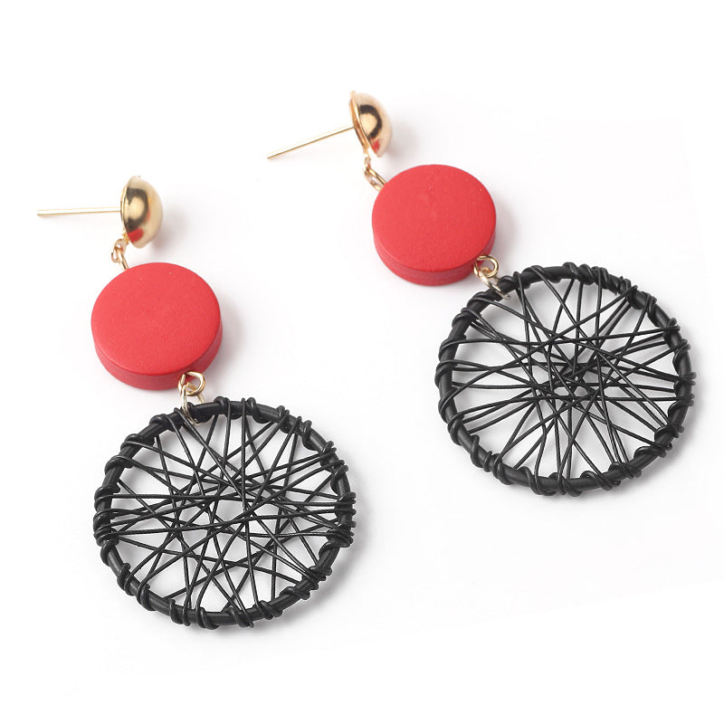 Long Wooden Tassel Retro Creative Hollow Geometric Winding Dream Catcher Earrings