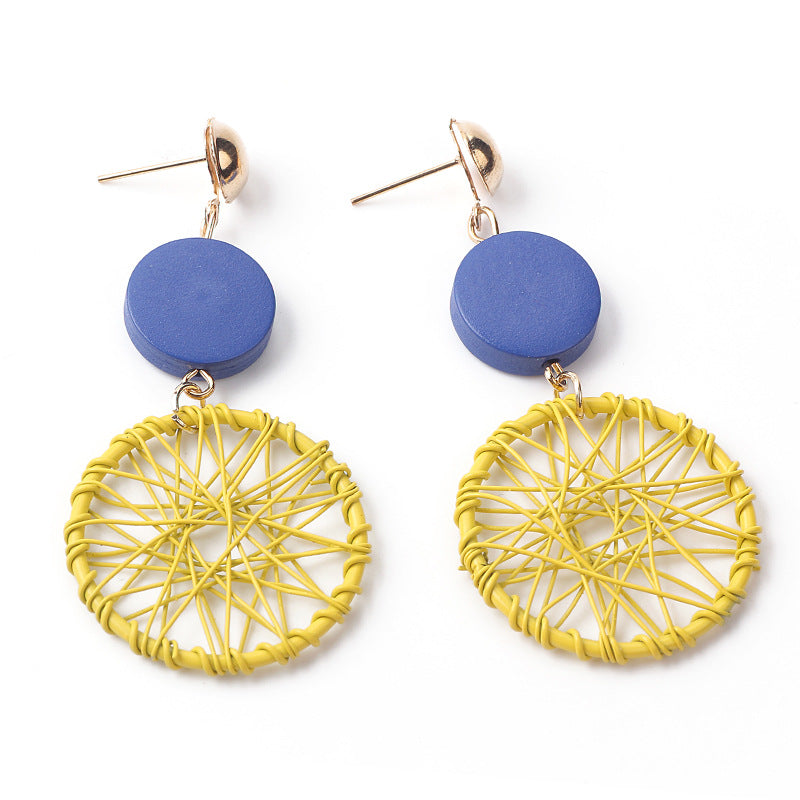 Long Wooden Tassel Retro Creative Hollow Geometric Winding Dream Catcher Earrings