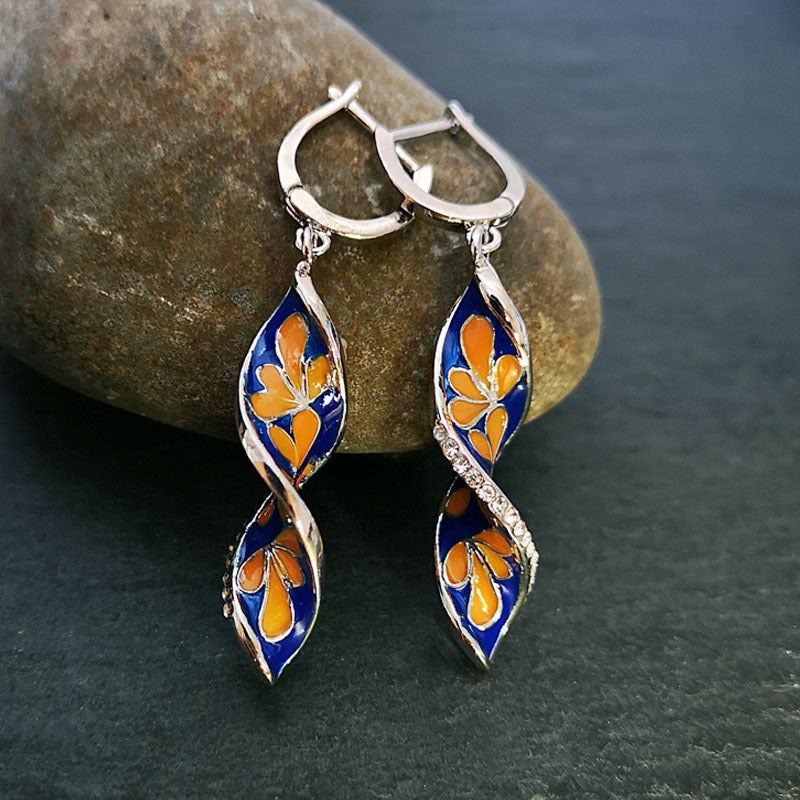 Women's Vintage Spiral Leaf Imitation Enamel Craft Cloisonne Small Flower Earrings