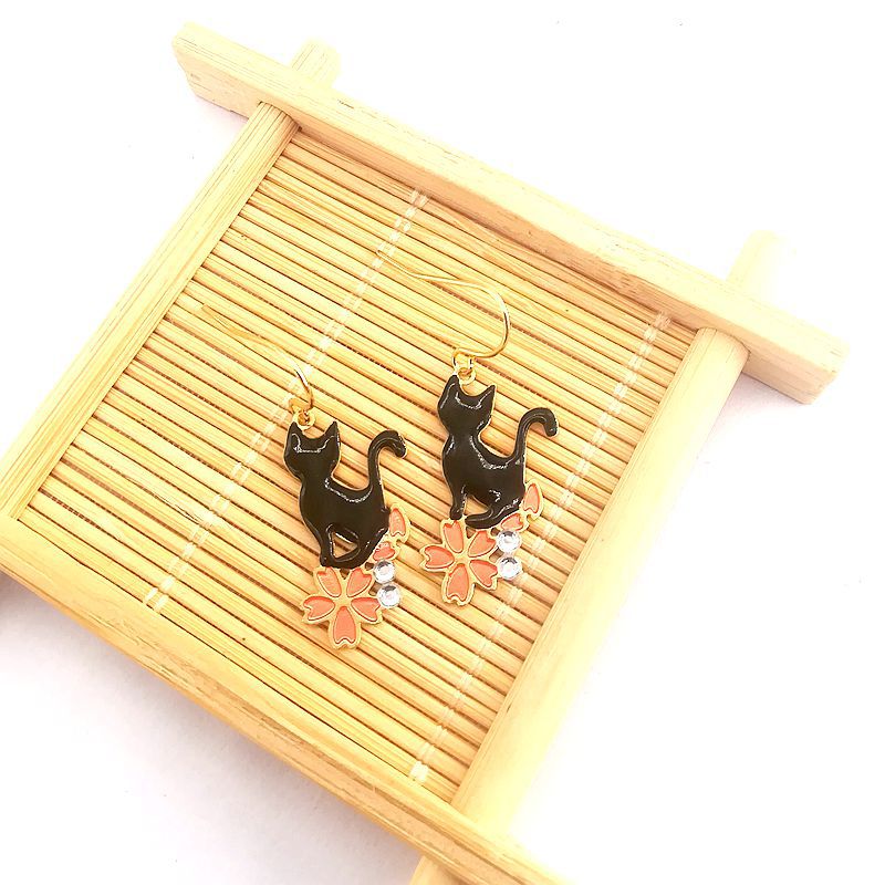 Painted Glaze Flowers Black White Cat Ear Clip Earrings