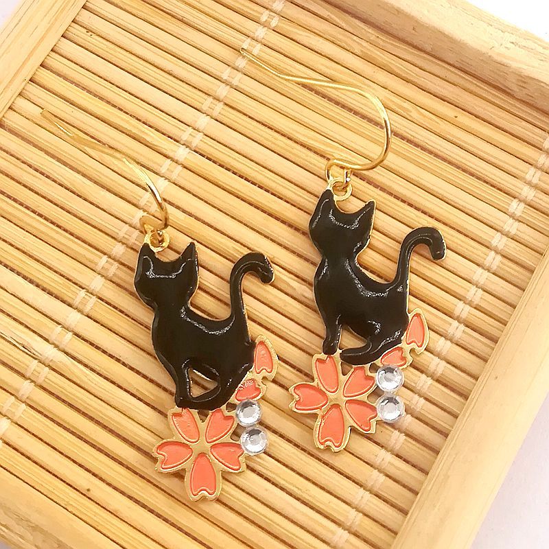 Painted Glaze Flowers Black White Cat Ear Clip Earrings