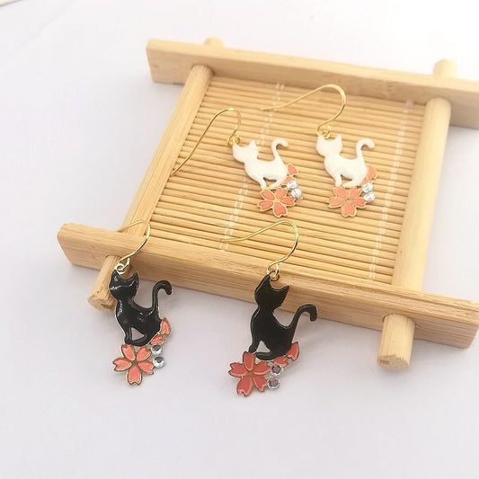 Painted Glaze Flowers Black White Cat Ear Clip Earrings
