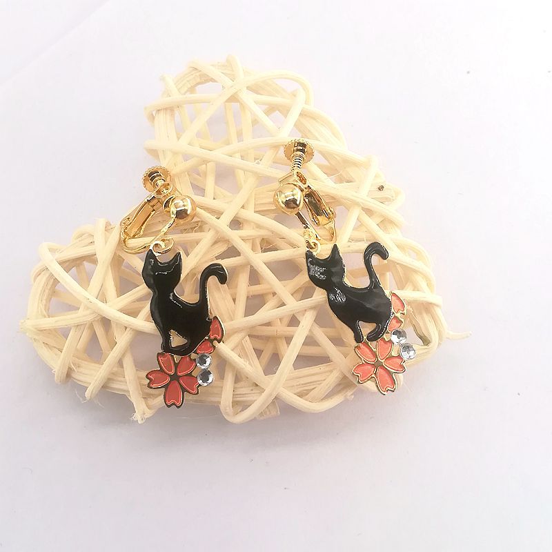 Painted Glaze Flowers Black White Cat Ear Clip Earrings