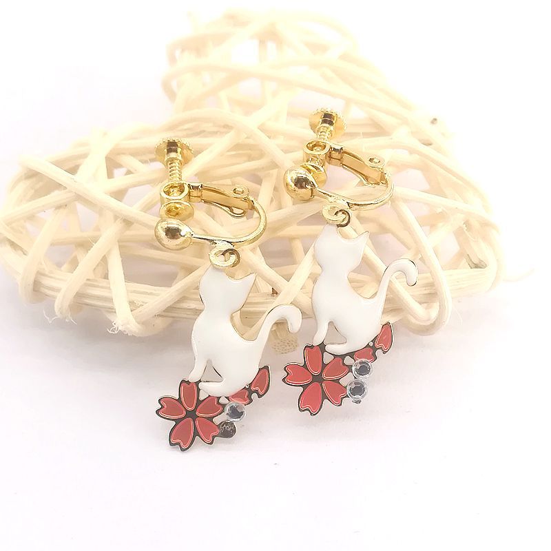 Painted Glaze Flowers Black White Cat Ear Clip Earrings