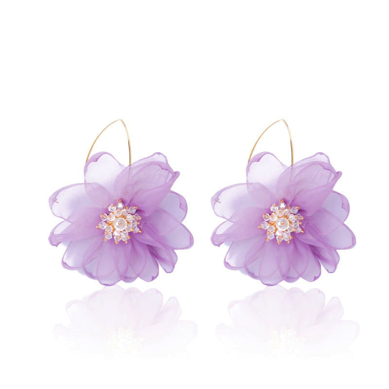 Exaggerated Mesh Fabric Thin Face Flower Earrings