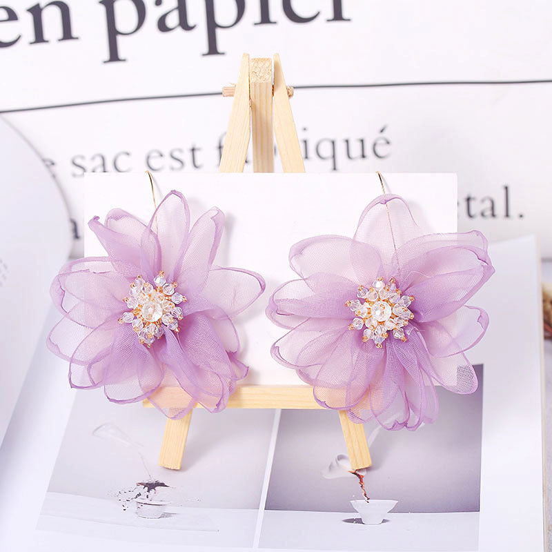 Exaggerated Mesh Fabric Thin Face Flower Earrings