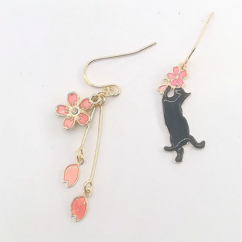 Painted Glaze Flowers Black White Cat Ear Clip Earrings