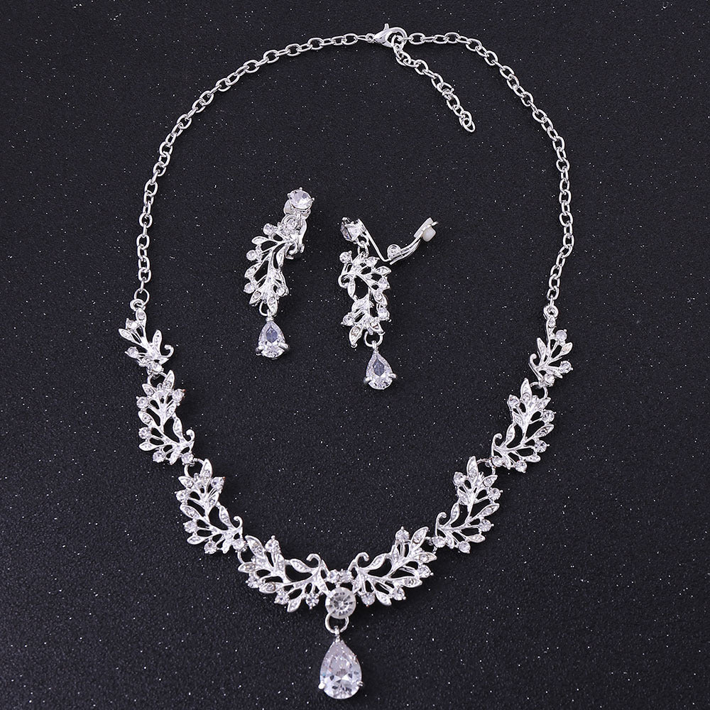 Korean Wedding Alloy Leaf Zircon Bridal Earrings
