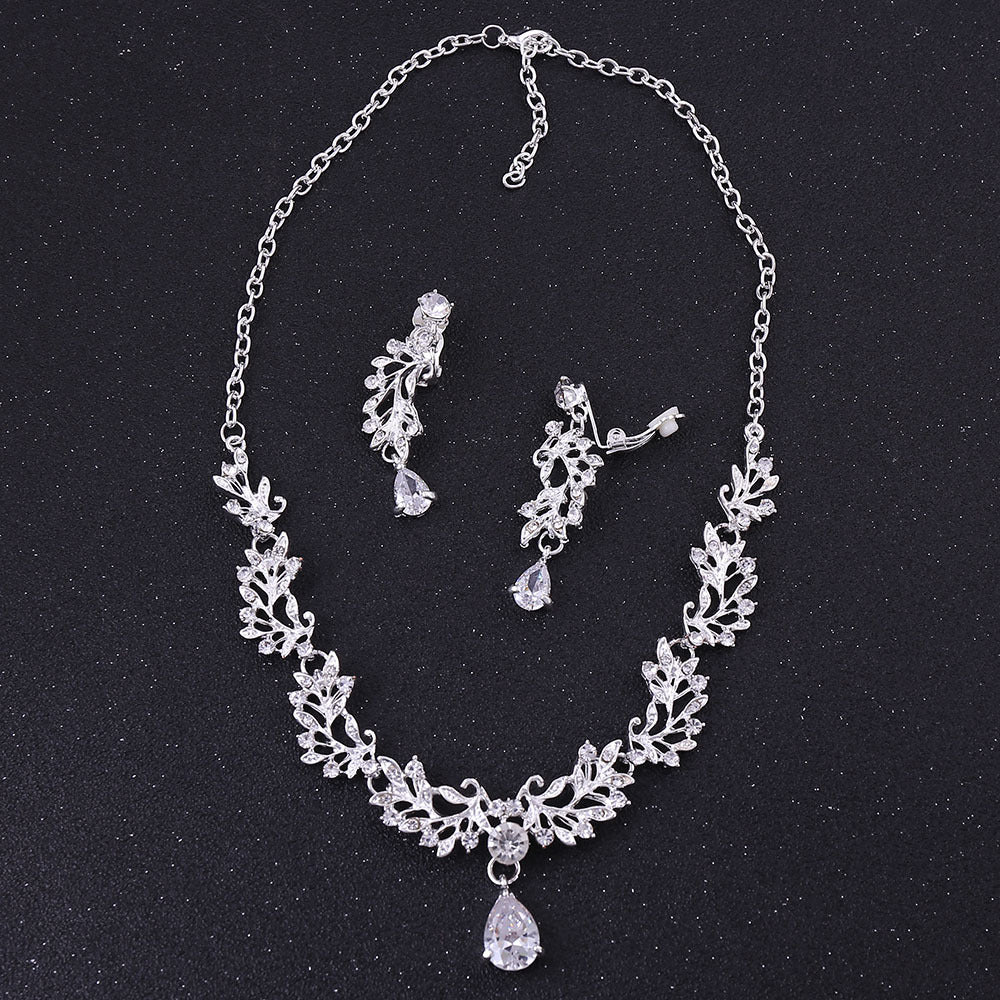 Korean Wedding Alloy Leaf Zircon Bridal Earrings