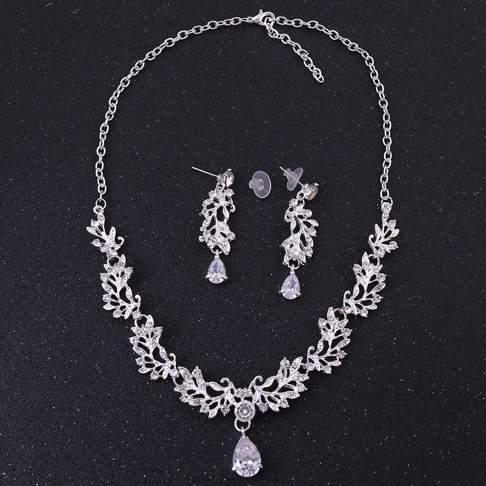 Korean Wedding Alloy Leaf Zircon Bridal Earrings