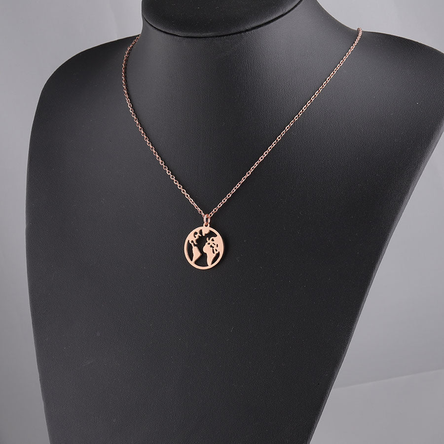 Mirror Stainless Steel World Map Round Geometric Openwork Necklaces
