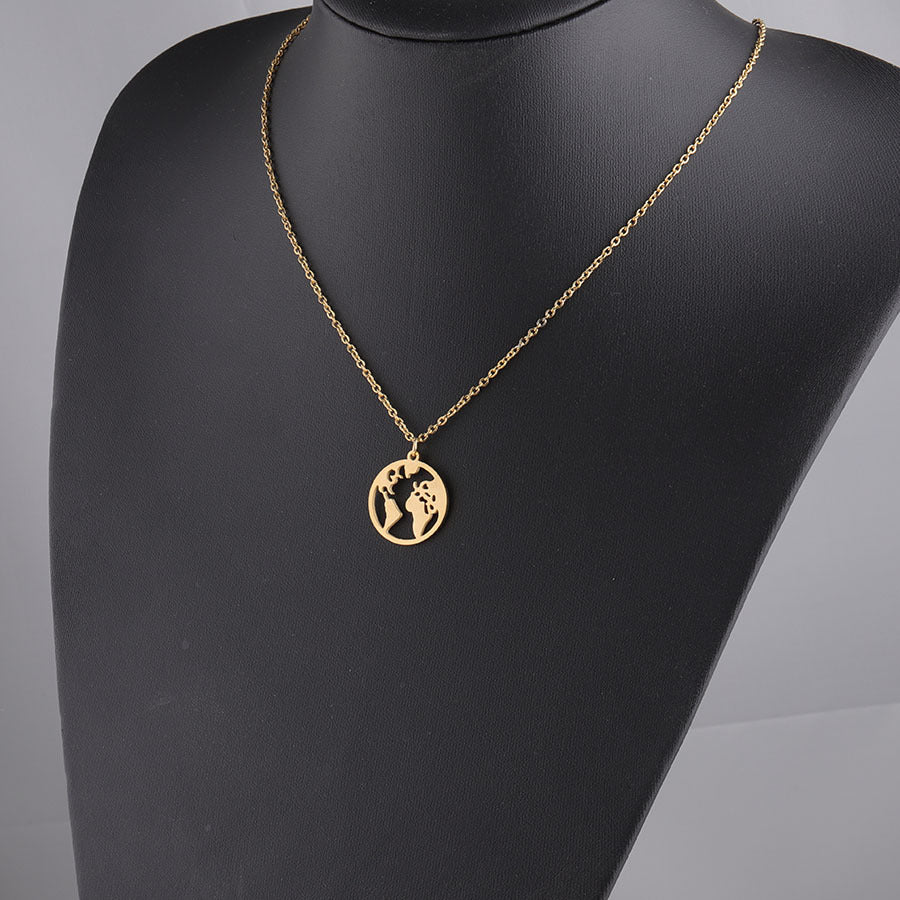 Mirror Stainless Steel World Map Round Geometric Openwork Necklaces