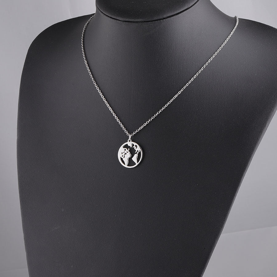 Mirror Stainless Steel World Map Round Geometric Openwork Necklaces