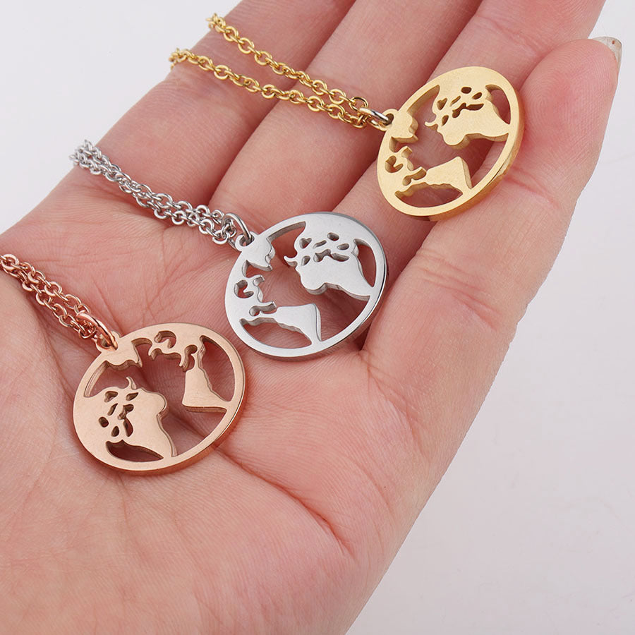 Mirror Stainless Steel World Map Round Geometric Openwork Necklaces