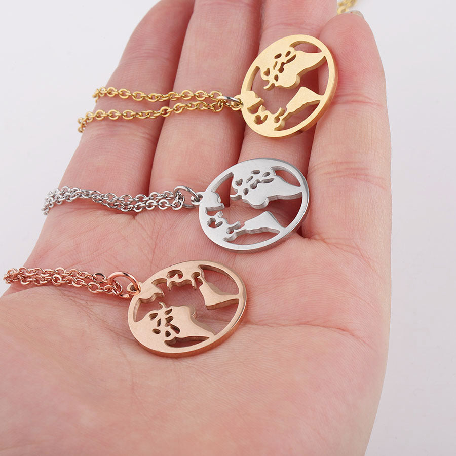 Mirror Stainless Steel World Map Round Geometric Openwork Necklaces