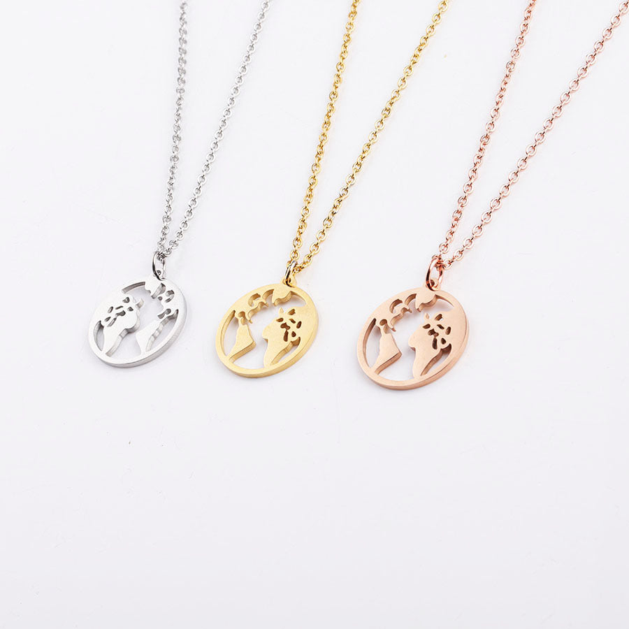 Mirror Stainless Steel World Map Round Geometric Openwork Necklaces