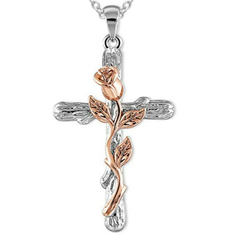 Classic Retro Fashion Wind Leaves Cross Rose Necklaces