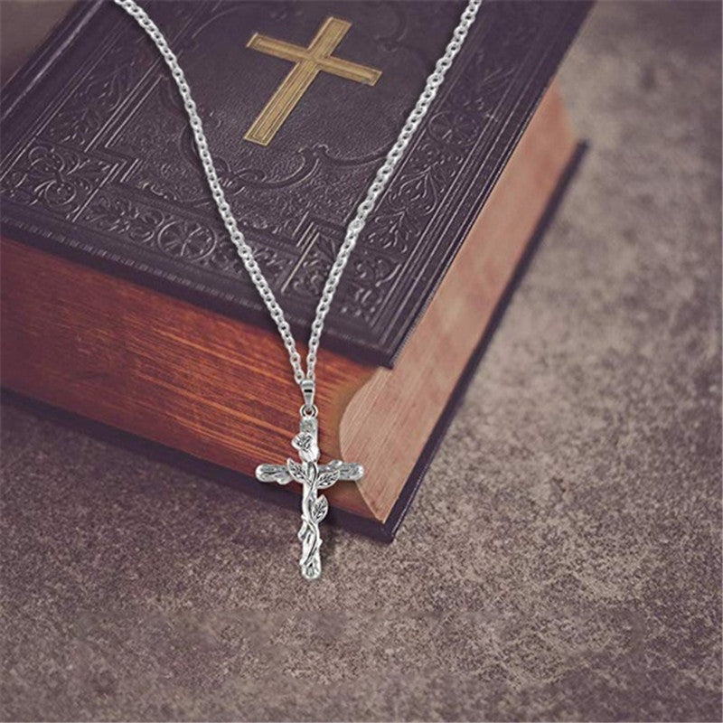 Classic Retro Fashion Wind Leaves Cross Rose Necklaces