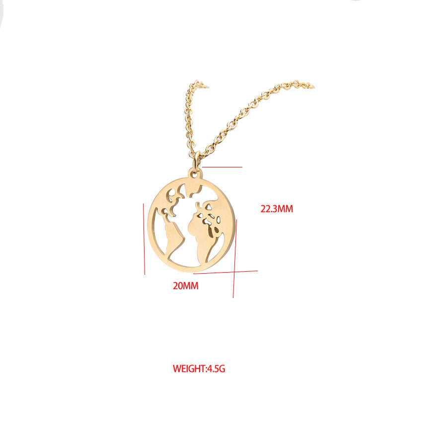 Mirror Stainless Steel World Map Round Geometric Openwork Necklaces
