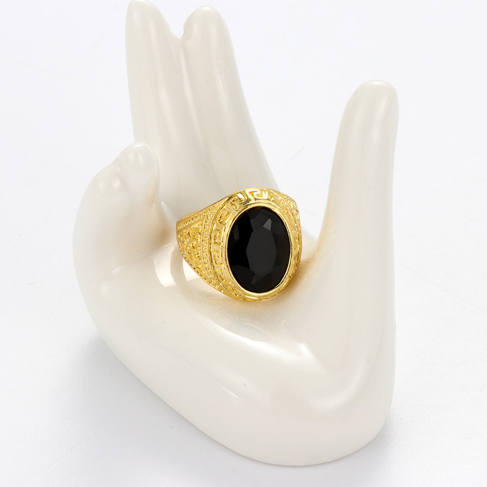 Universal Agate Black Onyx Simple Carved Ring