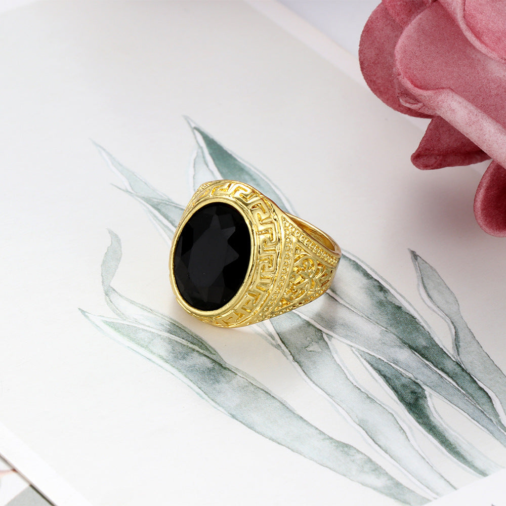 Universal Agate Black Onyx Simple Carved Ring