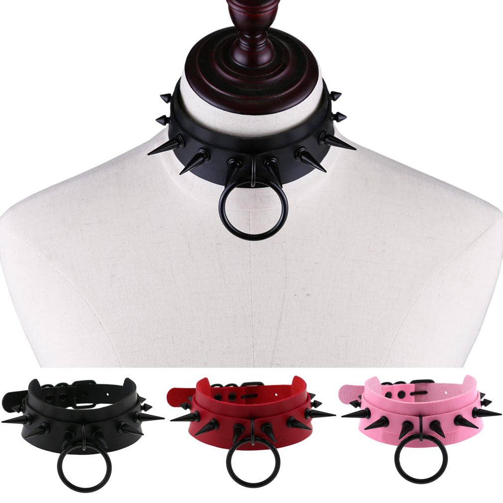 Punk Leather Black Nail Short Bar Nightclub Style Rivet Neck Collar