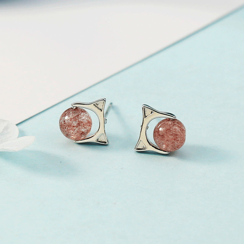 Cute Cat Pink Crystal Strawberry Ear Fresh Stud Earrings