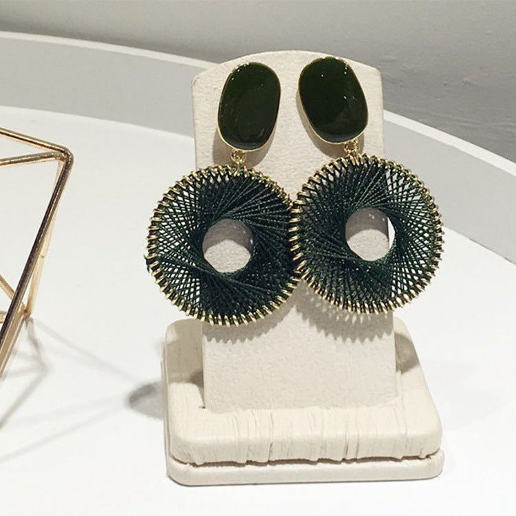 Women's Drop Oil Rectangular Thick Thread Woven Round Niche Exaggerating Earrings