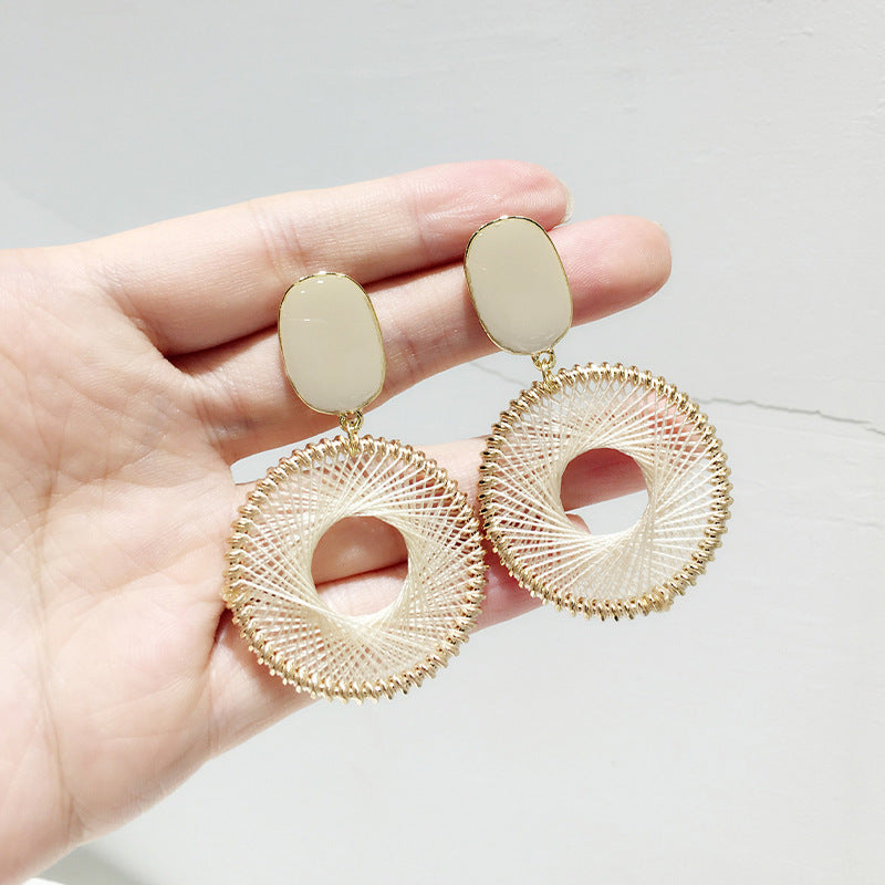 Women's Drop Oil Rectangular Thick Thread Woven Round Niche Exaggerating Earrings