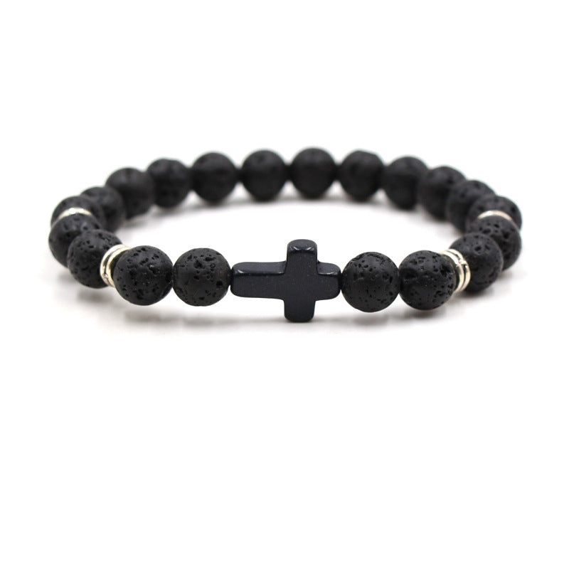 Natural Stone Black Cross Elastic Wire Mixed Bracelet