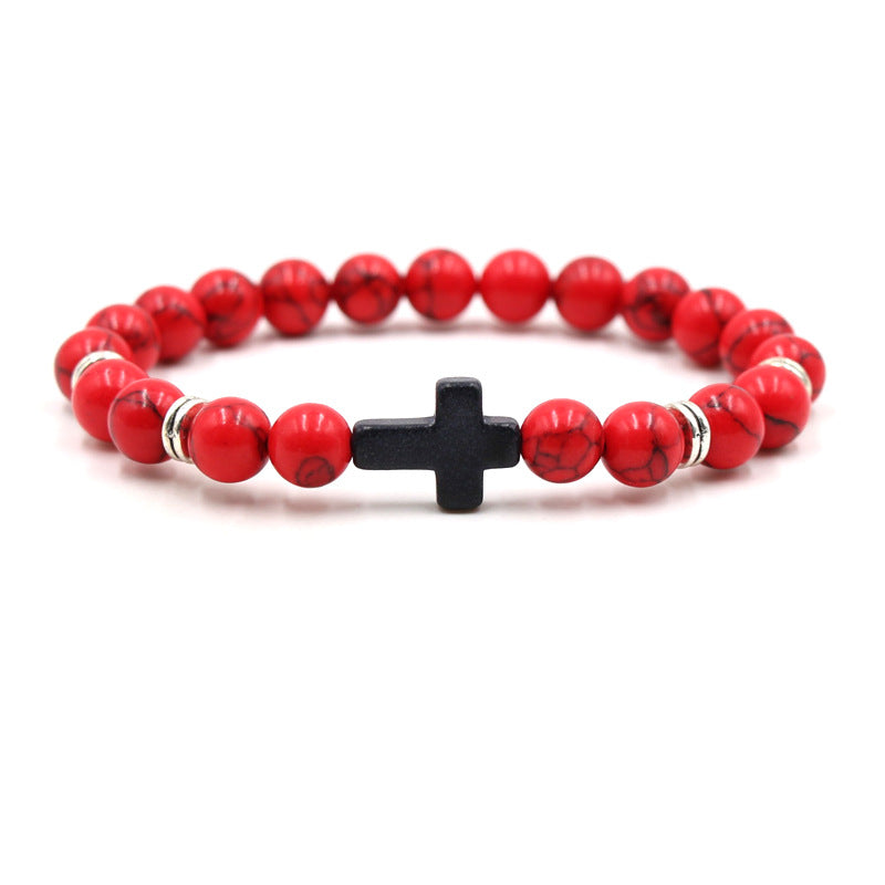 Natural Stone Black Cross Elastic Wire Mixed Bracelet