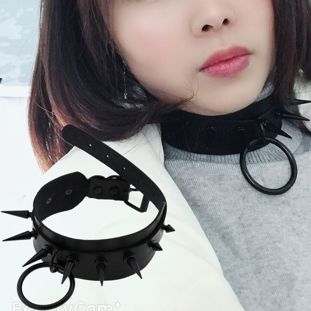 Punk Leather Black Nail Short Bar Nightclub Style Rivet Neck Collar