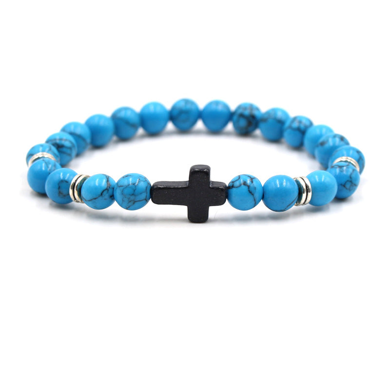 Natural Stone Black Cross Elastic Wire Mixed Bracelet
