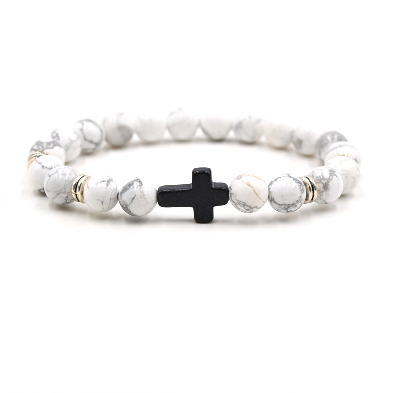 Natural Stone Black Cross Elastic Wire Mixed Bracelet