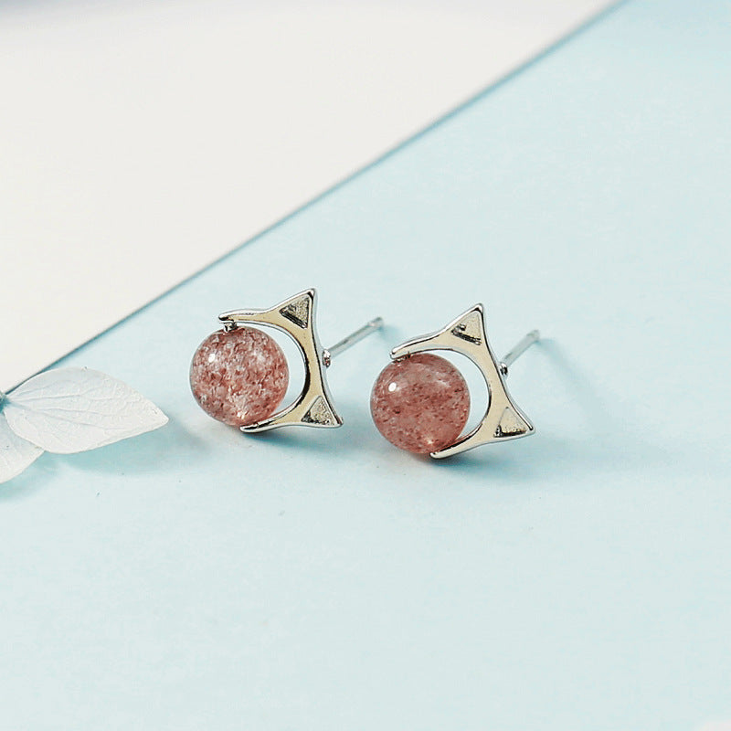 Cute Cat Pink Crystal Strawberry Ear Fresh Stud Earrings