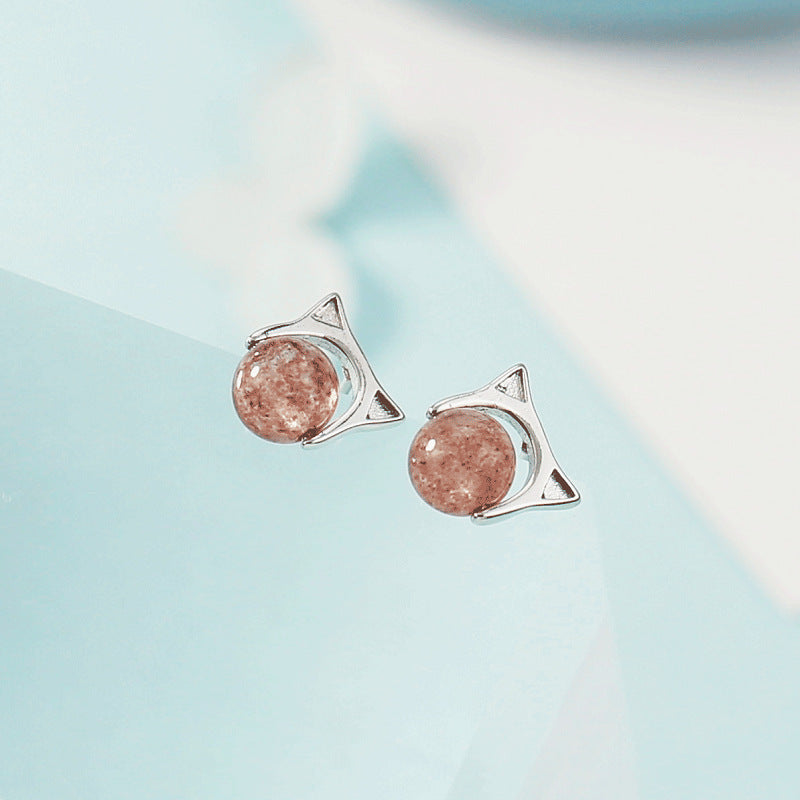 Cute Cat Pink Crystal Strawberry Ear Fresh Stud Earrings