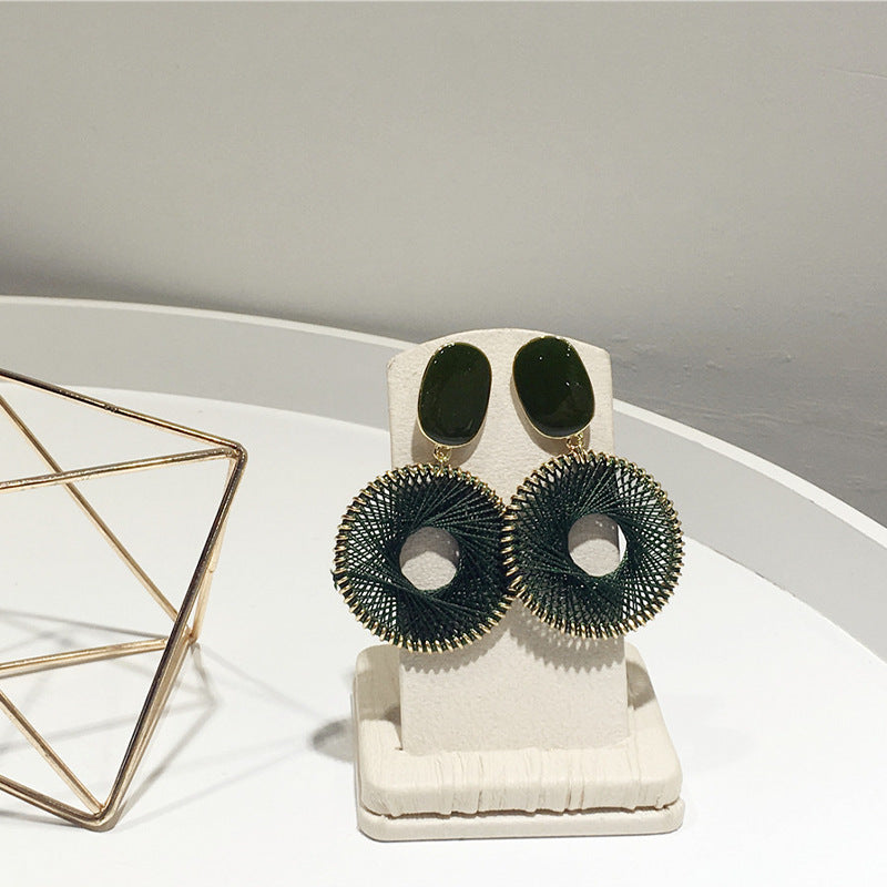 Women's Drop Oil Rectangular Thick Thread Woven Round Niche Exaggerating Earrings