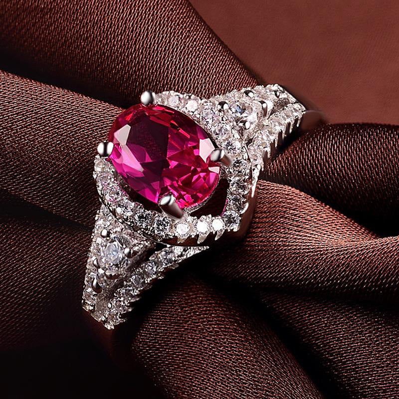 Style Oval Rose Red Diamond Simulation Tourmaline Group Inlaid Zircon Ring