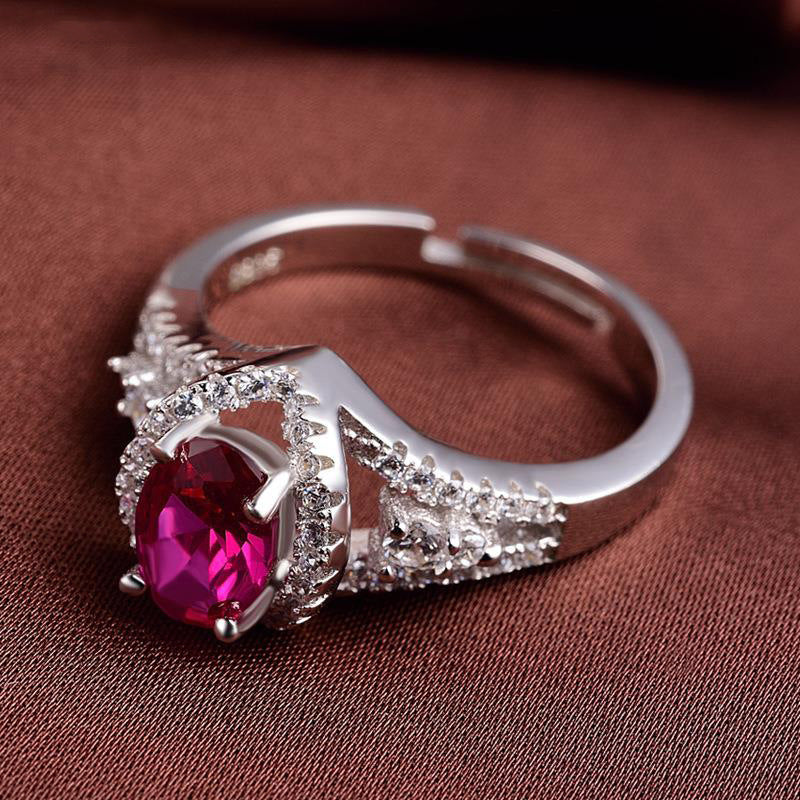 Style Oval Rose Red Diamond Simulation Tourmaline Group Inlaid Zircon Ring