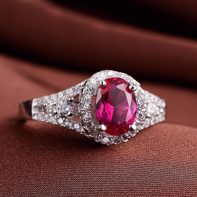Style Oval Rose Red Diamond Simulation Tourmaline Group Inlaid Zircon Ring
