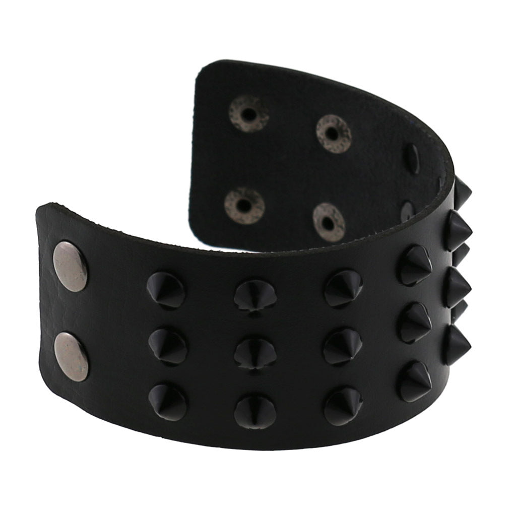 Exaggerated Black Tapered Pointed Rivet Three-row Leather Bracelets